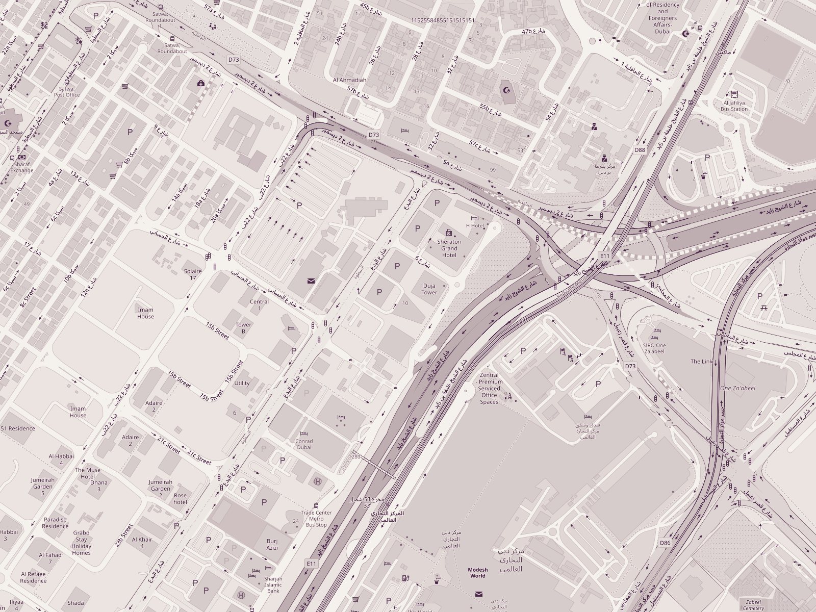Street map of Sheikh Zayed Road around the Trade Centre roundabout, Dubai